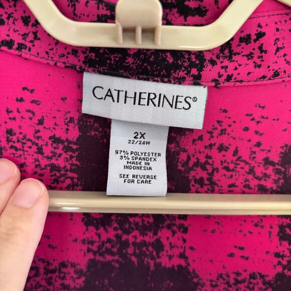 Catherines pink black tunic blouse top 2X v-neck popover collar roll tab sleeve - Picture 7 of 9